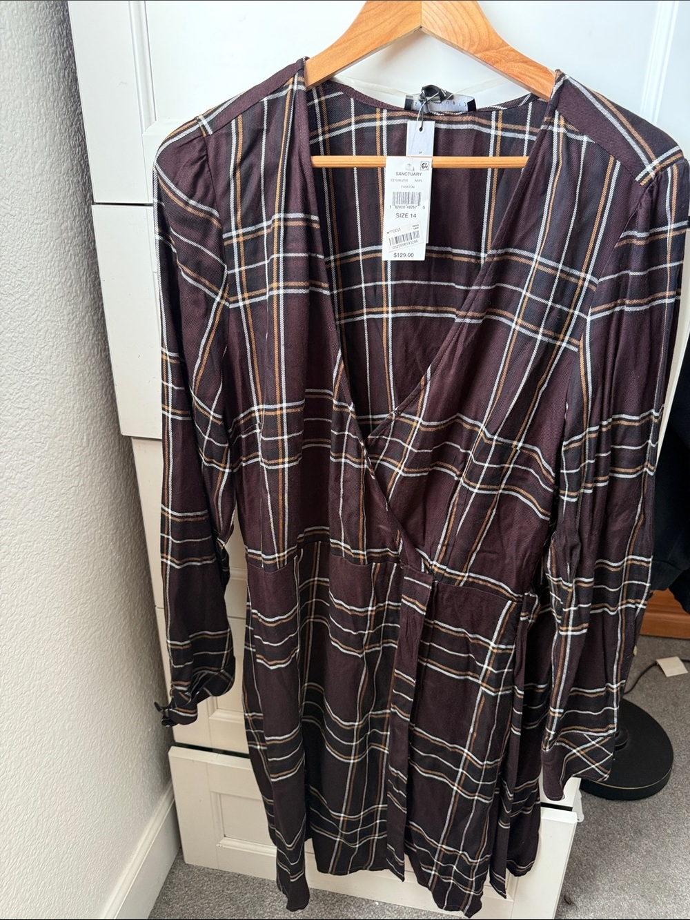 Sanctuary Brown Plaid Long Sleeve Wrap Dress